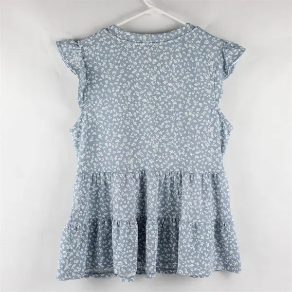 Monteau Light Blue and White Floral Pattern Tiered Blouse Women's Medium