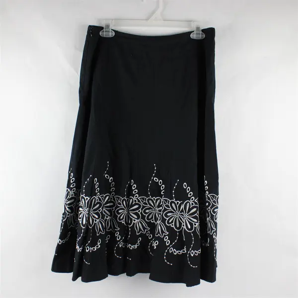Allison Taylor White Floral Embroidered Black A-Line Midi Skirt Women's Size 8