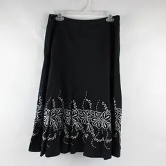 Allison Taylor White Floral Embroidered Black A-Line Midi Skirt Women's Size 8