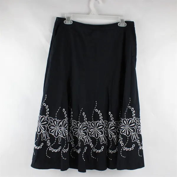 Allison Taylor White Floral Embroidered Black A-Line Midi Skirt Women's Size 8