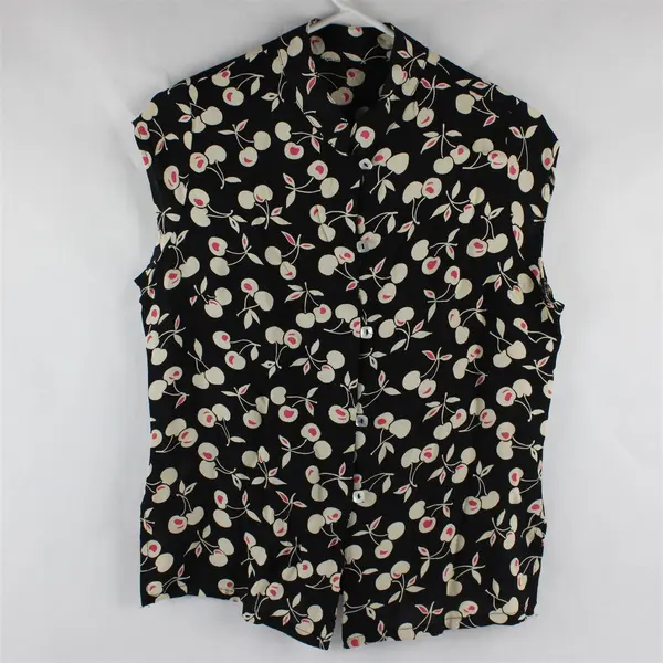 Black Off-White and Pink Cherry Pattern Sleeveless Button-Front Top Women's XL