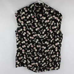 Black Off-White and Pink Cherry Pattern Sleeveless Button-Front Top Women's XL