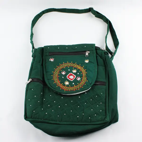 Vintage Handmade Indian Green Banjara Embroidered Multiple Pockets Shoulder Bag