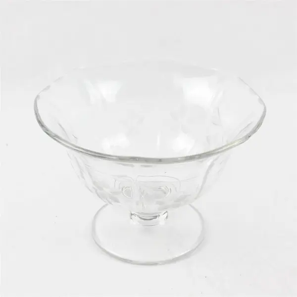 Unmarked Floral Etched Clear Glass Round Pedestal Bowl 6" Diameter 4.25" Tall