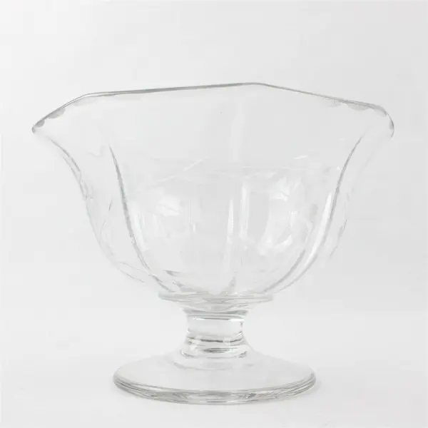 Unmarked Floral Etched Clear Glass Round Pedestal Bowl 6" Diameter 4.25" Tall