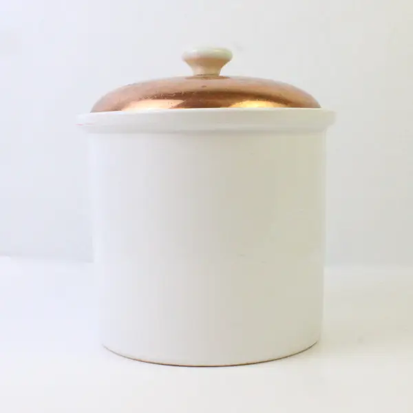 Vintage Portuguese White Ceramic Canister w/ Copper Trim