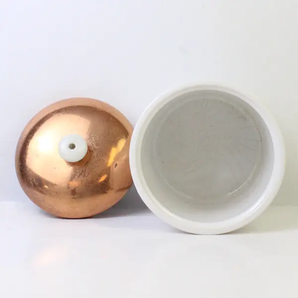Vintage Portuguese White Ceramic Canister w/ Copper Trim