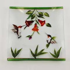 Wm. McGrath Art Glass Platter Hummingbird Feeding Pattern 7" Some Scratches Used