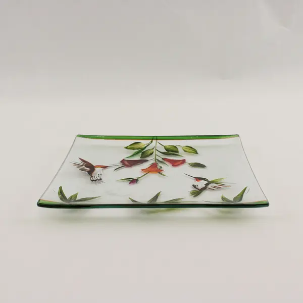 Wm. McGrath Art Glass Platter Hummingbird Feeding Pattern 7" Some Scratches Used