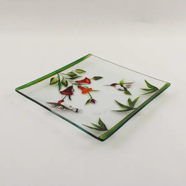 Wm. McGrath Art Glass Platter Hummingbird Feeding Pattern 7" Some Scratches Used
