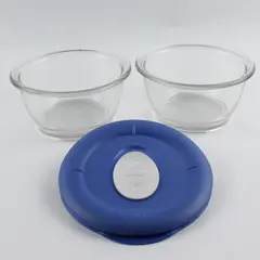 Lot of  Two 1 2/3 Cup Glass Pyrex Bowls and one Plastic lid w/ Microwave Vent