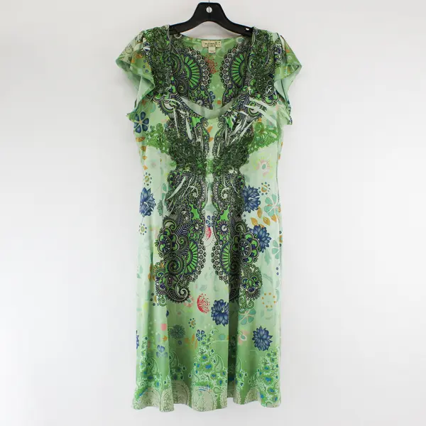 One World Live and Let Live Floral Print Green Knee-Length Dress Women's Medium