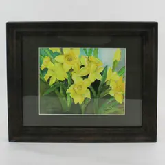 Signed Daffodil Watercolor Landscape Framed & Matted 13.5" x 16.5"