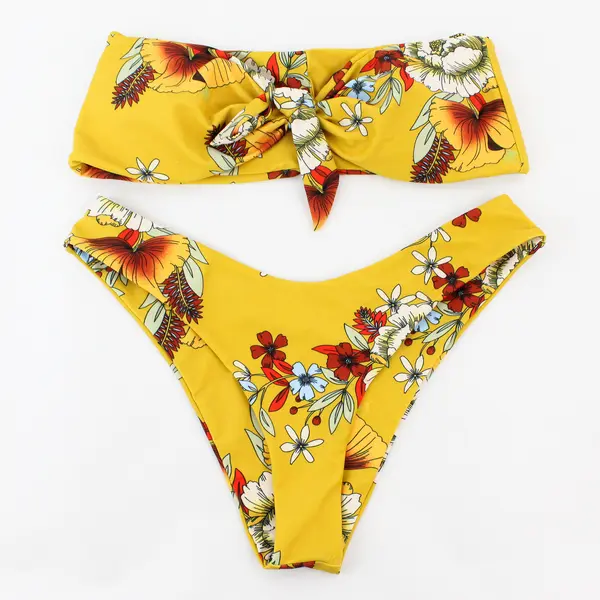 Zaful 2 Pc Yellow Floral Print Strapless Bikini Women's Medium 6