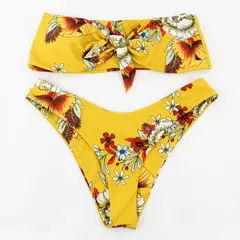 Zaful 2 Pc Yellow Floral Print Strapless Bikini Women's Medium 6