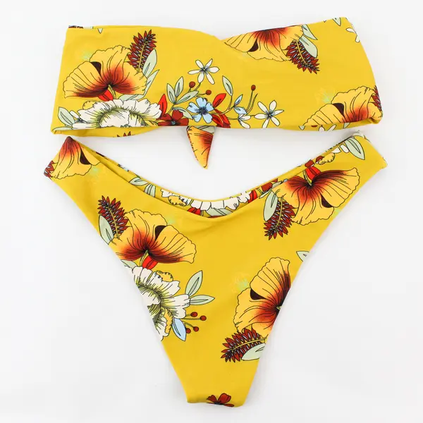 Zaful 2 Pc Yellow Floral Print Strapless Bikini Women's Medium 6