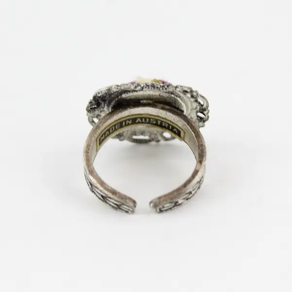 Vintage Petit Point Embroidered Silver Tone Filigree  Ring Austria size 5.75