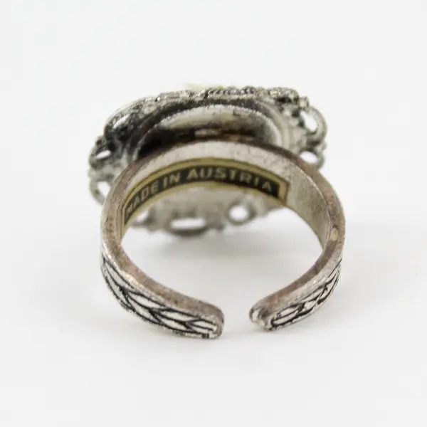 Vintage Petit Point Embroidered Silver Tone Filigree  Ring Austria size 5.75