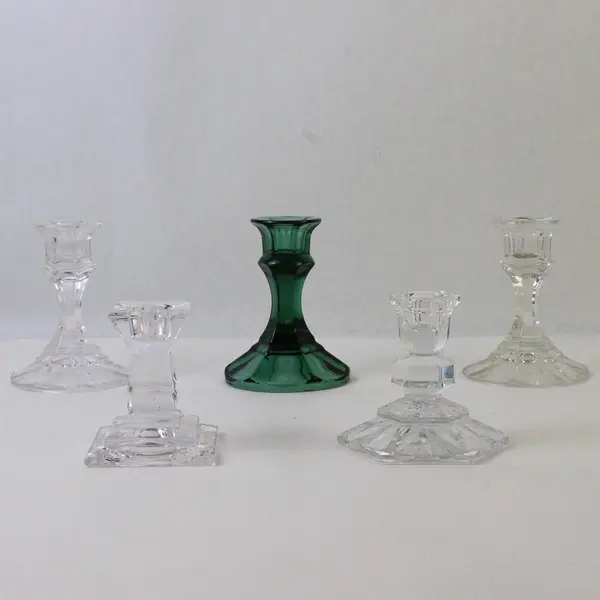 Lot of 6 Crystal Glass Candle Holders Clear & Green Decorative