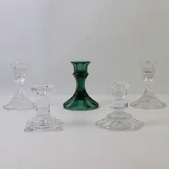 Lot of 6 Crystal Glass Candle Holders Clear & Green Decorative