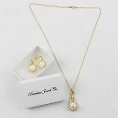 Faux Pearl Sparkling Jewels 18K Gold-Plated Necklace & Earrings Set Vintage
