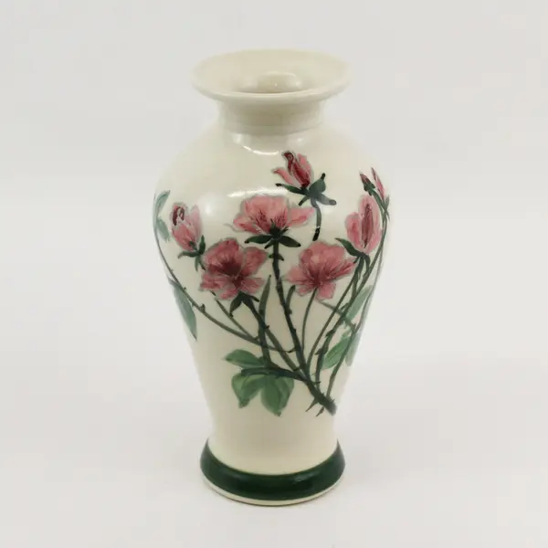 Handmade and Hand Painted Ceramic Vase With Pink Flowers 9" Signed