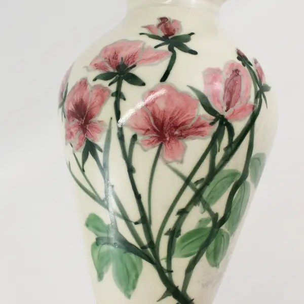 Handmade and Hand Painted Ceramic Vase With Pink Flowers 9" Signed