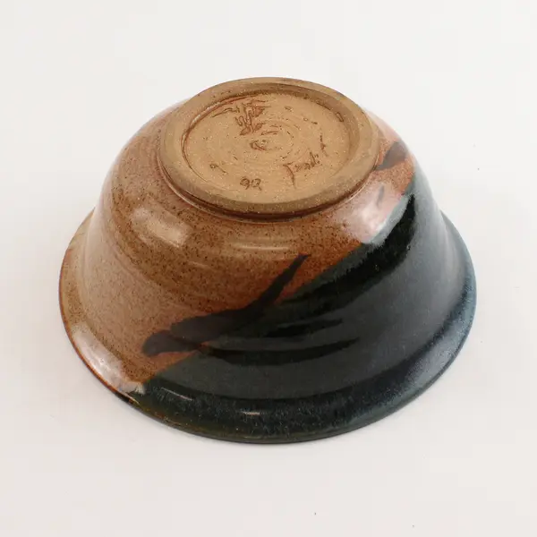 Handmade Signed Brown/Blue Round Ceramic Soup Bowl Decorative 7.25" Diameter