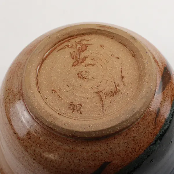 Handmade Signed Brown/Blue Round Ceramic Soup Bowl Decorative 7.25" Diameter