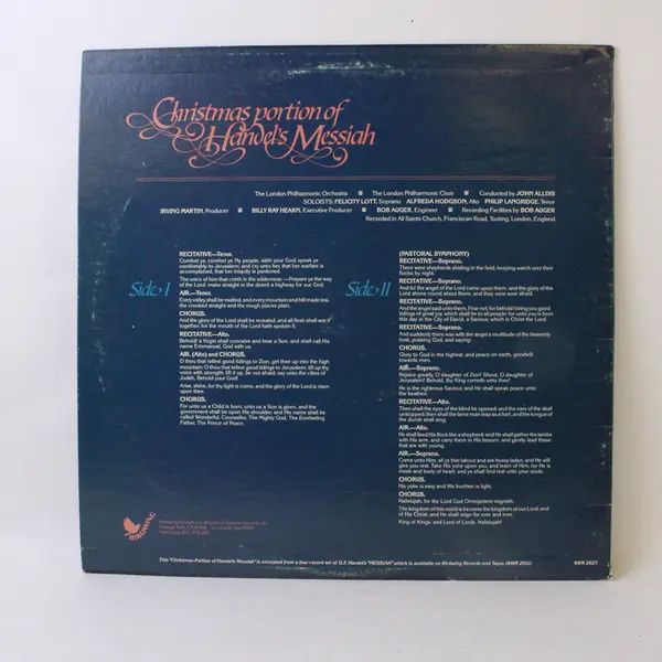 Handel's Messiah Christmas Portion LP London Philharmonic Choir Orchestra