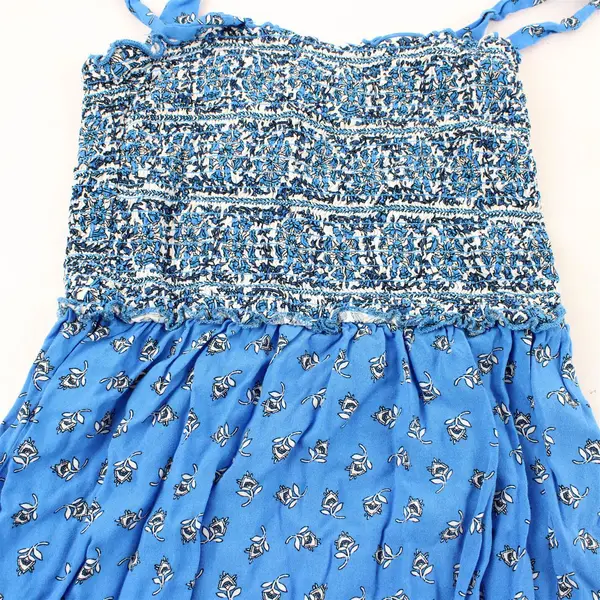 Bebop Blue & White Floral Pattern Tie Strap Smocked Dress Girls' XS