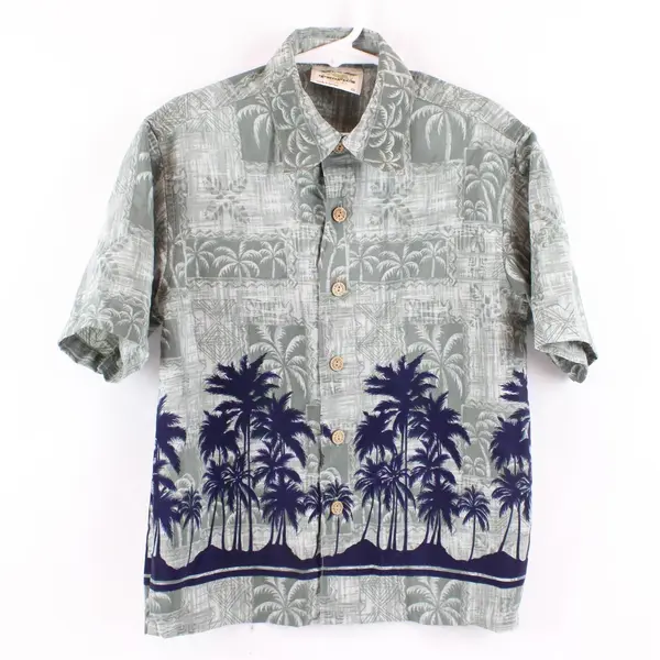 Island Tropics Green and Navy Palm Tree Print Hawaiian Shirt Boys' Medium