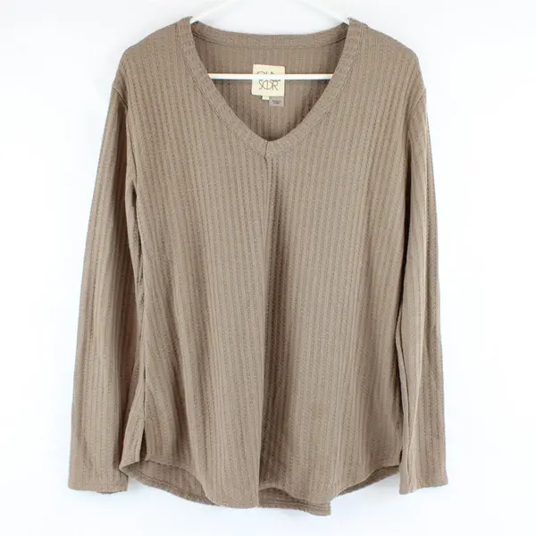 Chaser Brown V-Neck Waffle Knit Long-Sleeved Shirt Women's Medium