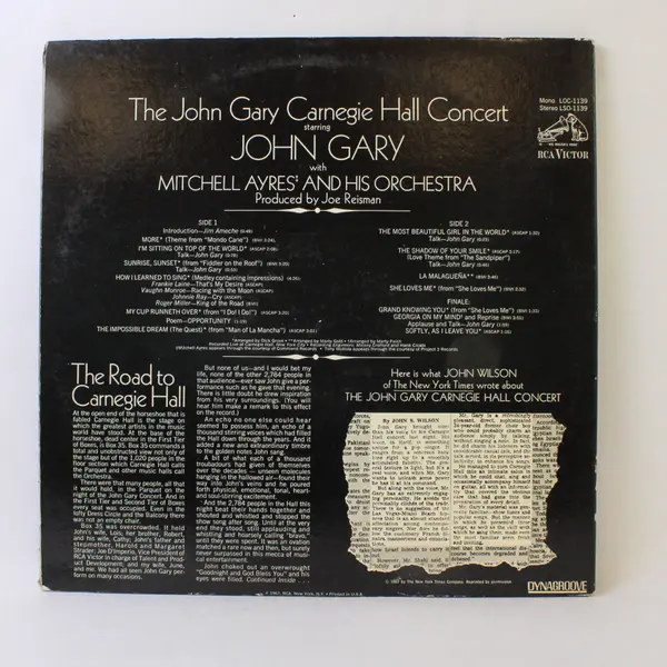 John Gary Carnegie Hall Concert RCA Victor LSO-1139 12" Vinyl LP