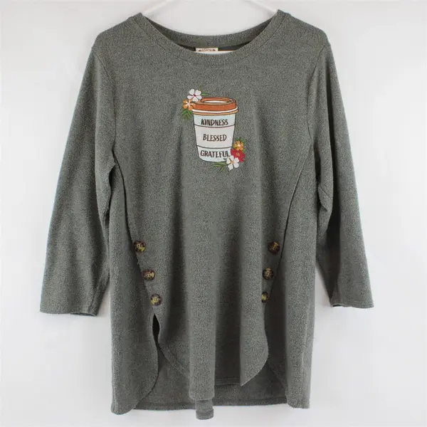Truself Gray "Blessed" W/ Coffee Cup Embroidered Long Sleeve Top Womens Size L