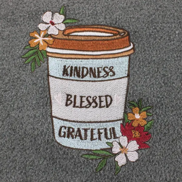 Truself Gray "Blessed" W/ Coffee Cup Embroidered Long Sleeve Top Womens Size L