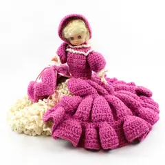 Vintage Handmade Knitted Bed Doll Pink & White Ruffled Dress 17.5"