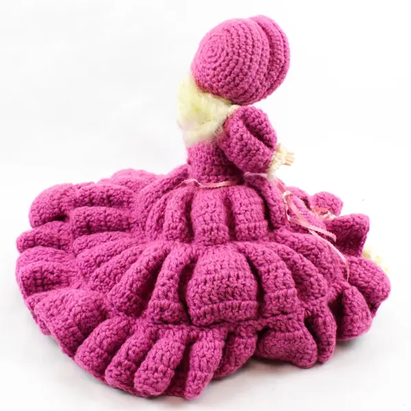 Vintage Handmade Knitted Bed Doll Pink & White Ruffled Dress 17.5"