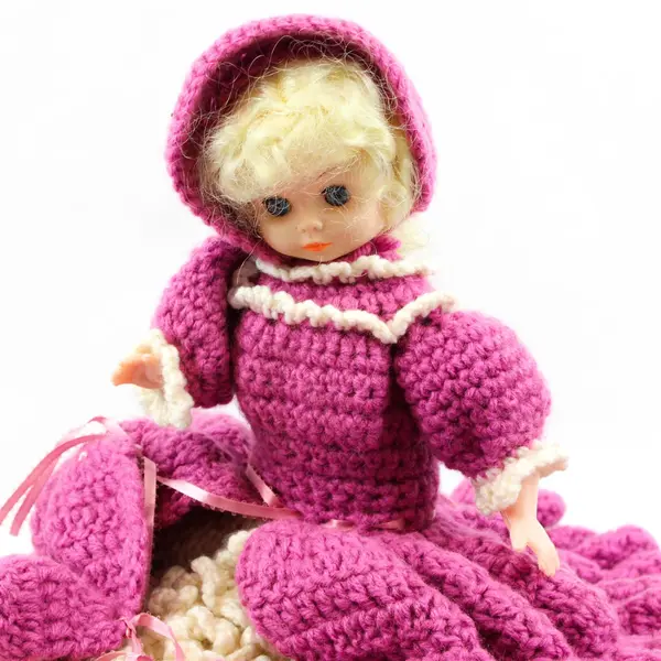 Vintage Handmade Knitted Bed Doll Pink & White Ruffled Dress 17.5"