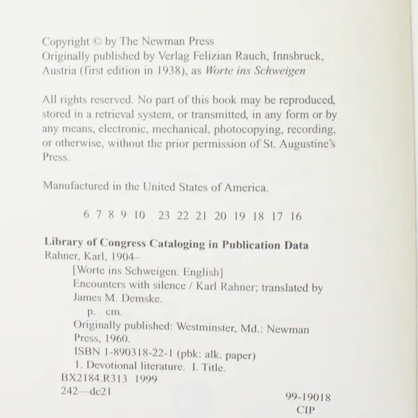 Encounters with Silence by Karl Rahner 1999 Paperback Translated From German