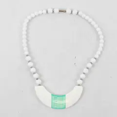 Retro White and Aqua Beaded Costume Jewelry Statement Necklace 17"