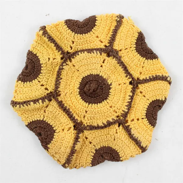 Vintage Handmade Crocheted Yellow and Brown Hexagonal Hot Pad 6"