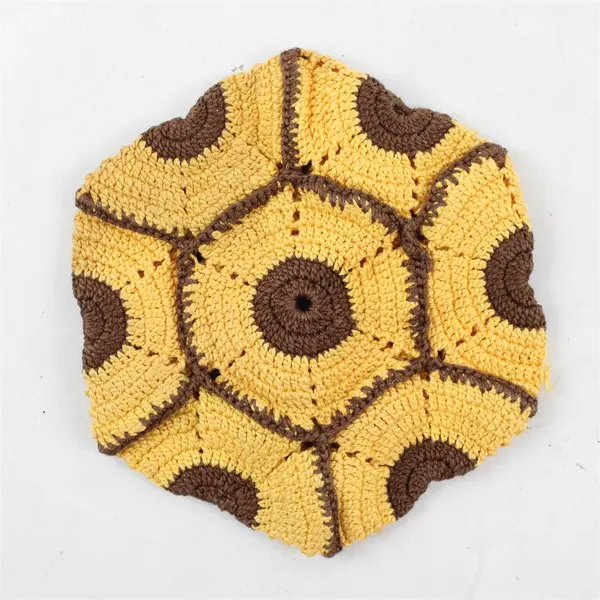 Vintage Handmade Crocheted Yellow and Brown Hexagonal Hot Pad 6"