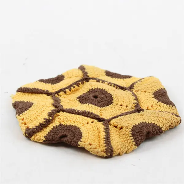 Vintage Handmade Crocheted Yellow and Brown Hexagonal Hot Pad 6"