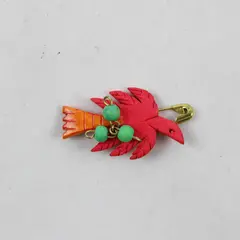 Vintage Carved Wood Bird Brooch Pin Red Orange Tropical