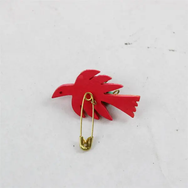 Vintage Carved Wood Bird Brooch Pin Red Orange Tropical
