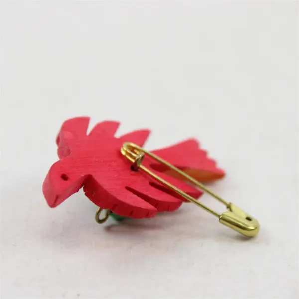 Vintage Carved Wood Bird Brooch Pin Red Orange Tropical