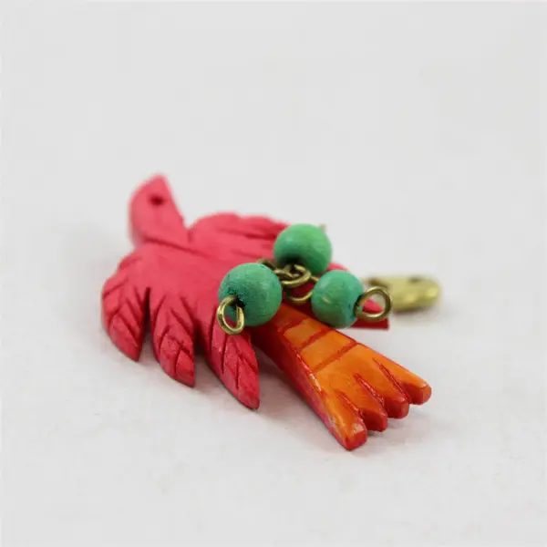 Vintage Carved Wood Bird Brooch Pin Red Orange Tropical