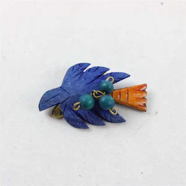 Vintage Carved Wood Blue Bird Brooch