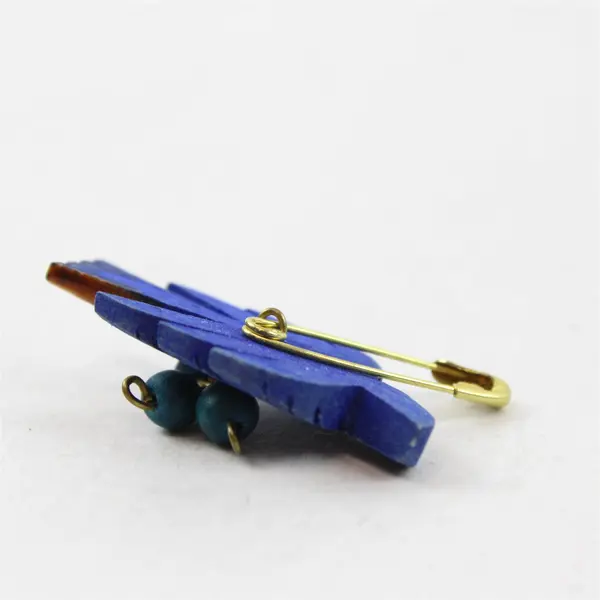 Vintage Carved Wood Blue Bird Brooch